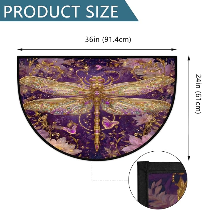 Dragonfly Half Round Door Mat Outdoor Doormat Bedroom Entrance Rug A19 | Bohemian Dragonfly Flower Semi Moon Door Mat Non-Slip Absorbent Kitchen Rug Indoor Welcome Bath Mat 36" X 24"