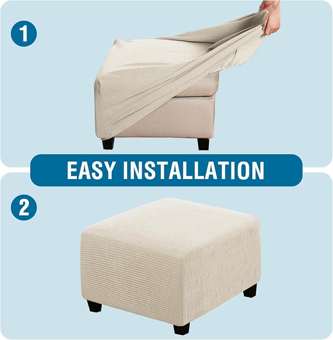 H.VERSAILTEX Square Ottoman Covers Ottoman Slipcovers Folding Storage Stool Furniture Protector Form Fit with Elastic Bottom, Stretch High Spandex Small Checks Jacquard Fabric(Medium,Natural)