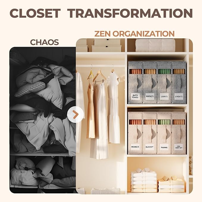 Sheet Organizers and Storage for Linen Closet, 4Pack Grey | 1200D Linen-Type Cloth, Fits King and Queen Sheet Sets, Clear Window and Label Slot, Foldable Dustproof Storage with Handle