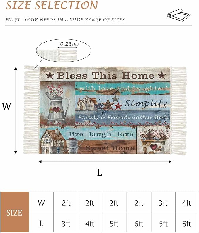 Turquoise Blue Brown Runner Rug 2X4 Ft Entryway Outdoor Indoor Mat, Washable Woven Vintage Barn Rustic Cabin Throw Carpet with Tassel, Non-Shedding Country Star Farm Wooden Plank Hallway Bath Mats