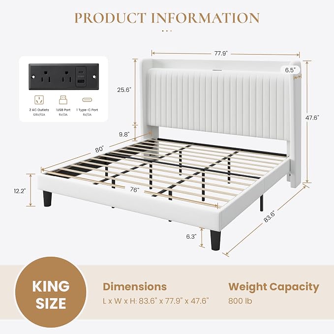 SHA CERLIN King Size Velvet Bed Frame with Shelf, Charging Station, White | Wingback Storage Headboard, Upholstered Platform Bed, Wooden Slats Support, No Box Spring Needed, Easy Assembly, Noise Free