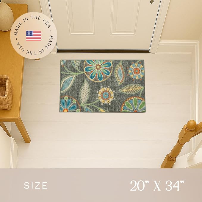 Maples Rugs Reggie Floral Kitchen Rug - Made in USA - Washable, Non Slip Indoor Carpet for Entryway, Foyer, Kitchen, and Bathroom, 1'8 x 2'10, Dark Grey