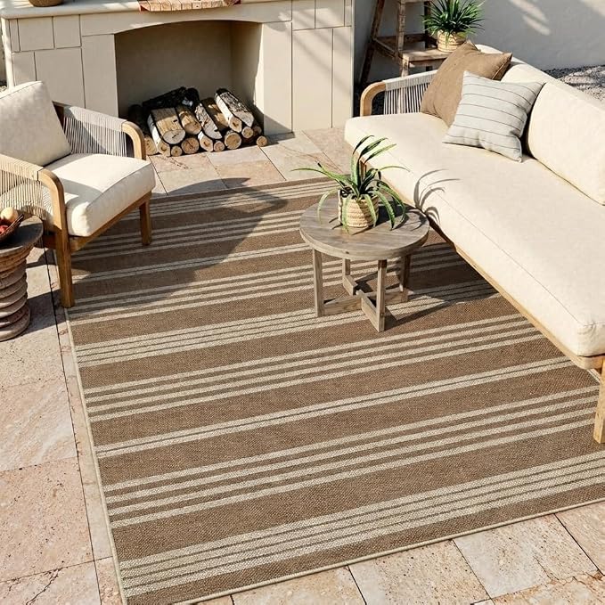 COZYLOOM Large Outdoor Rug 8x10 Rugs for Living Room Striped Easy Jute Rug with Non Slip Backing, Non Shedding Stain Resistant Contemporary Foldable Mats for Bedroom RV Patio, White/Coffee