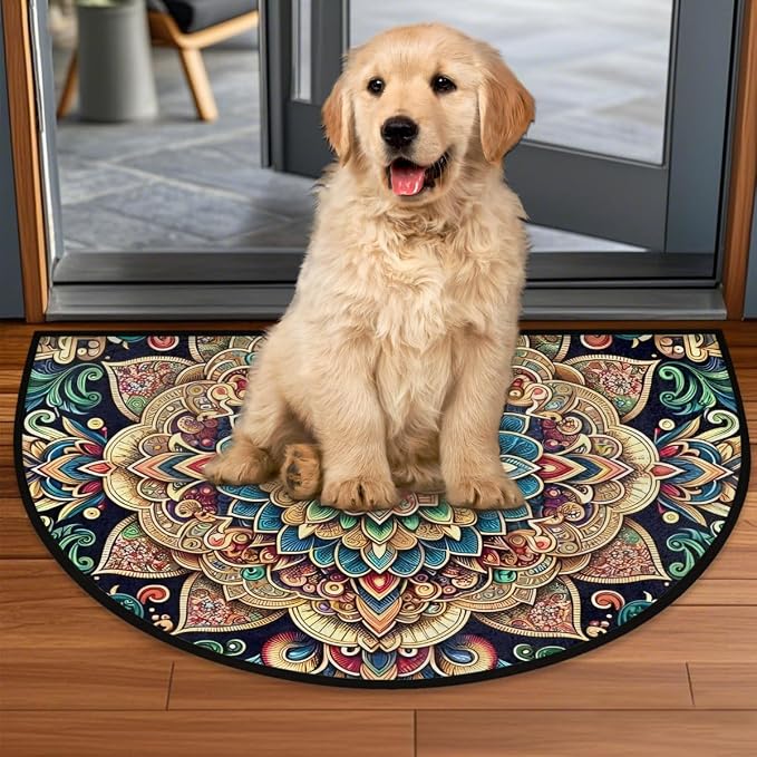 Ethnic Mandala Half Round Rug Half Moon Door Mat Half Circle Rugs | Flowers Washable Non-Slip Semi Circle Rug Welcome Half Round Door Mat Indoor Entrance Kitchen Bedroom Living Room Decor