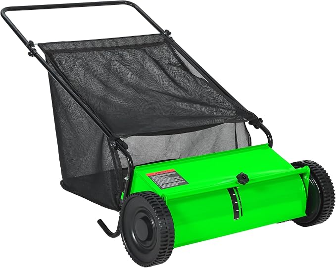 26 Inch Push Lawn Sweeper, 7 Cu.ft Large Capacity Leaf Collector with 4 Spinning Brushes, Adjustable Height Heavy Duty Steel Frame Lawn Sweeper with Rubber Wheels for Yard Garden Grass Leaves Debris