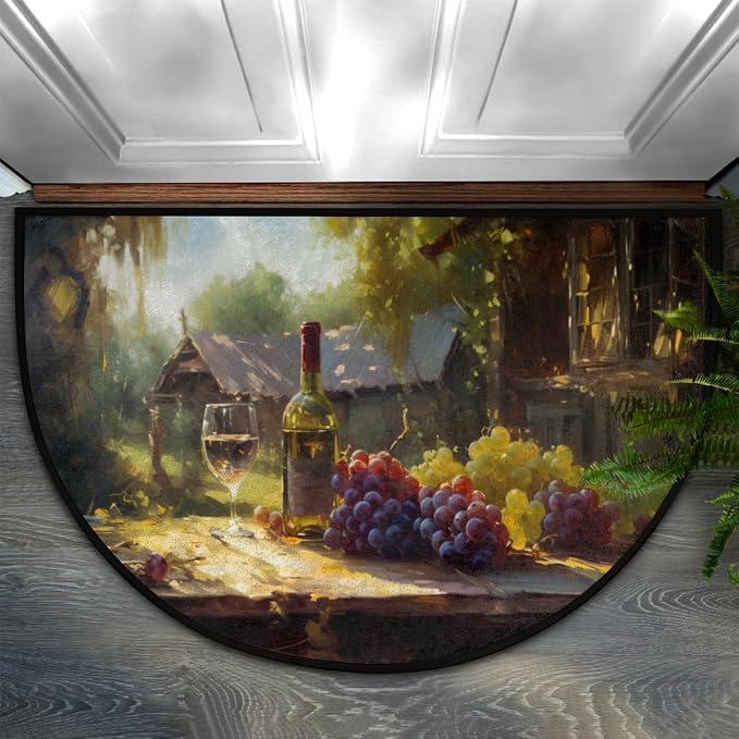 Farm Grape Wine Half Round Doormat Washable Semi Circle Area Rug Non Slip Absorbent Half Moon Rugs for Indoor Outdoor Kitchen Bathroom Bedroom Living Room Fireplace Floor Carpet Decor