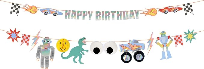 Meri Meri Toybox Icon Party Garland (Pack of 1), Reusable 80s Theme Birthday Party Decoration, 2 String Garland, Honeycomb Details, Retro Designs Paper Garland, 13.5' Including Excess Cord