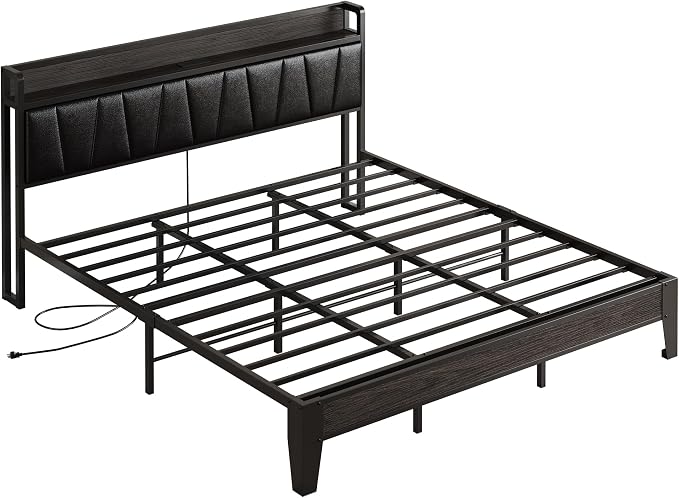 LIKIMIO California King Bed Frame, PU Leather Storage Headboard with Charging Station, Solid and Stable, Noise Free, No Box Spring Needed, Easy Assembly, Black