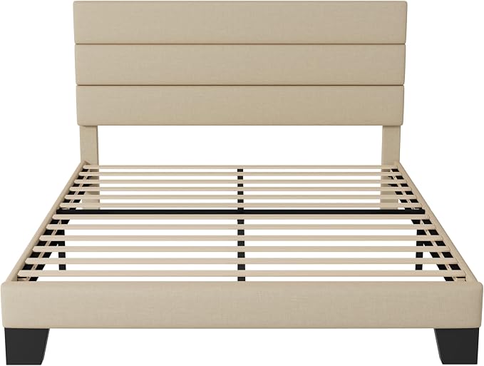 Allewie Queen Size Platform Bed Frame with Fabric Upholstered Headboard | Wooden Slats Support, Fully Upholstered Mattress Foundation, No Box Spring Needed, Easy Assembly, Noise-Free, Beige