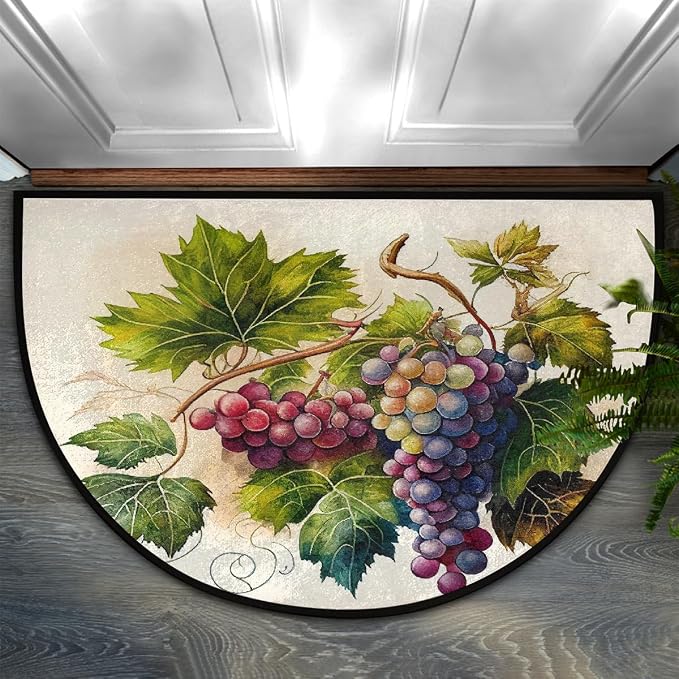 Grape Half Round Doormat Non-Slip Semi Circle Rug Half Moon Mat | Retro Fruit Leaf Washable Soft Absorbent Indoor Outdoor Entrance Kitchen Bathroom Sink Patio Welcome Fireplace Floor Rug