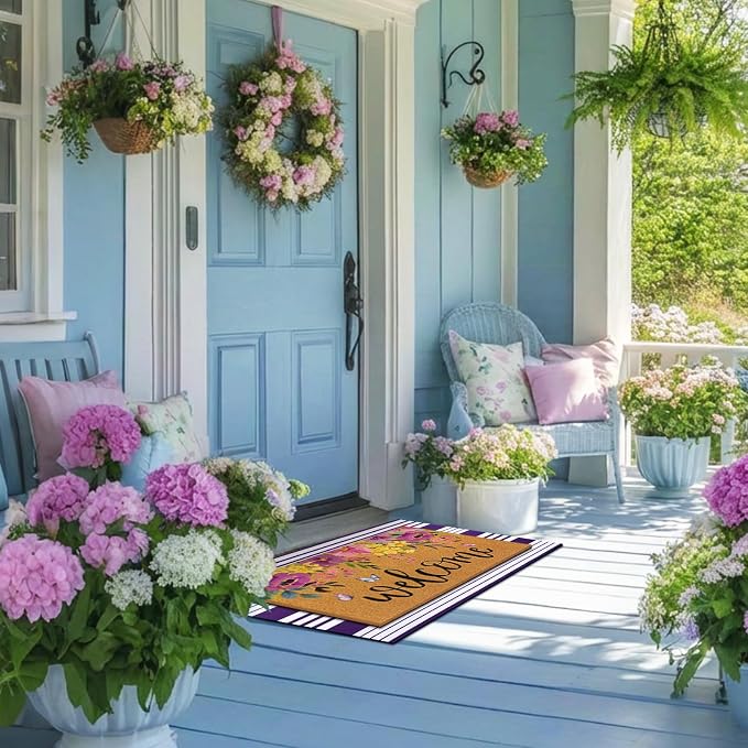 Tinideya 2 Pcs Door Mat Welcome Non Slip Coir Mats Floor Layering Doormats Seasonal for Front Porch Entryway Decor(Purple Flowers)