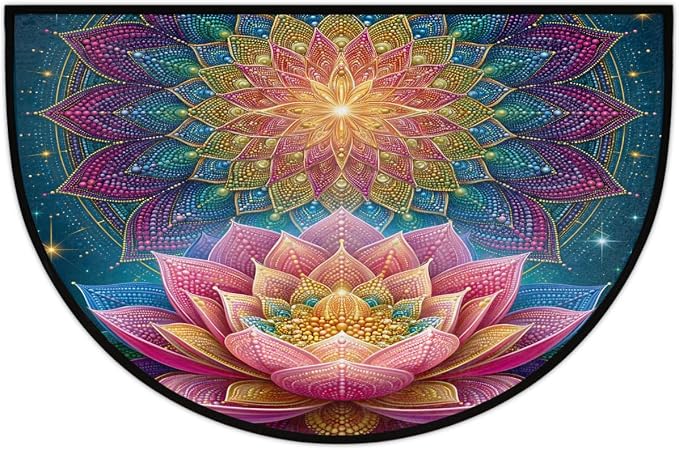 Lotus Half Round Door Mat Non Slip Half Circle Rugs | Mandala Color Washable Half Moon Rug Semi Circle Rugs Indoor Entrance Floor Carpet for Kithen Bedroom Fireplace Decor