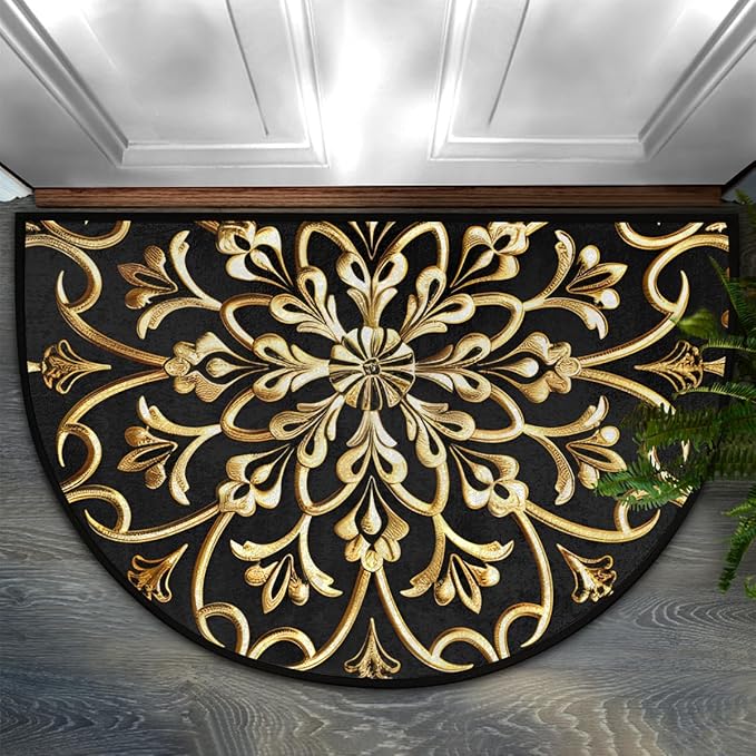 Golden Mandala Half Round Door Mat Semi Moon Rug Fireplace Carpet Area Rugs | Mandala Ethnic Non Slip Absorbent Half Circle Mat Carpet for Indoor Outdoor Patio Kitchen Bathroom Entryway Home Decor