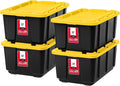 IRIS USA 4-Pack 27 Gal Heavy Duty Storage Tote Bins with Lids, Black/Yellow | Large-capacity design handles moving, camping gear and bulky equipment, Stackable shape maximizes garage storage