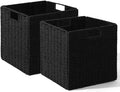 Set of 2 Hand-Woven Paper Rope Wicker Baskets, Storage Basket, Foldable Cube Storage Bins, Black Storage Cubes, Square Baskets for Organizing Shelves Decor, 12x12x12in