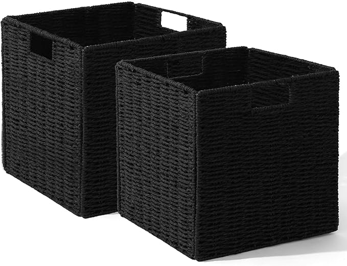 Set of 2 Hand-Woven Paper Rope Wicker Baskets, Storage Basket, Foldable Cube Storage Bins, Black Storage Cubes, Square Baskets for Organizing Shelves Decor, 12x12x12in