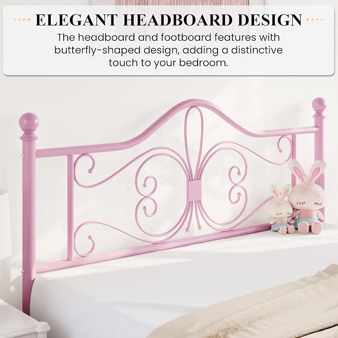 SHA CERLIN Full Size Metal Bed Frame with Butterfly Headboard, Pink | Metal Platform Bed for Kids, Wrought Iron-Art Headboard/Footboard, Under-Bed Storage, No Box Spring Needed, Easy Assembly