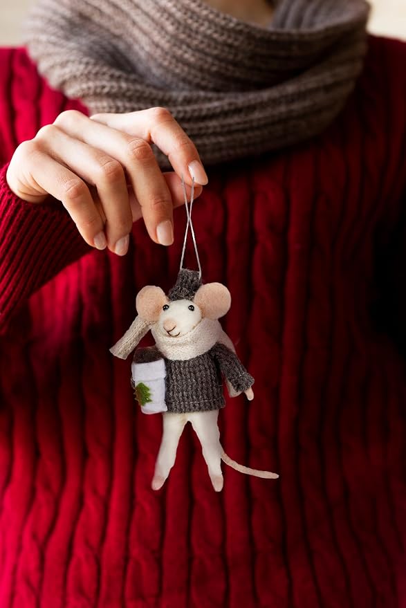 Abbott Collection Mouse with Coffee Christmas Ornament, Pack of 1 | Hand-Crafted Wool Felt, Hanging Ornament, Gray, 5"H