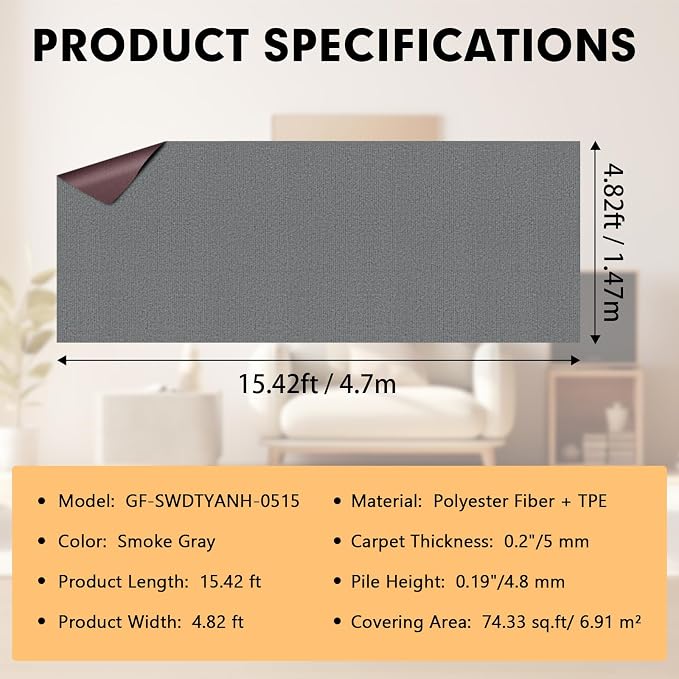Grefinity Marine Carpet,5 FT x 15 FT Smoke Gray Indoor Outdoor Carpet 0.2" Thick Boat Rug with Water-Proof TPE Backing for Home, Patio, Porch, Deck
