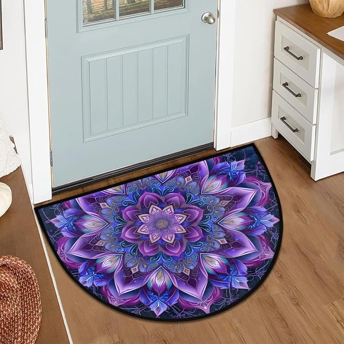 Purple Half Round Doormat Semi Circle Rug Half Moon Rug Entryway Mat | Mandala Flower Washable Non Slip Outdoor Floor Rug Kitchen Mat for Indoor Outdoor Bathroom Fireplace Bath Decor