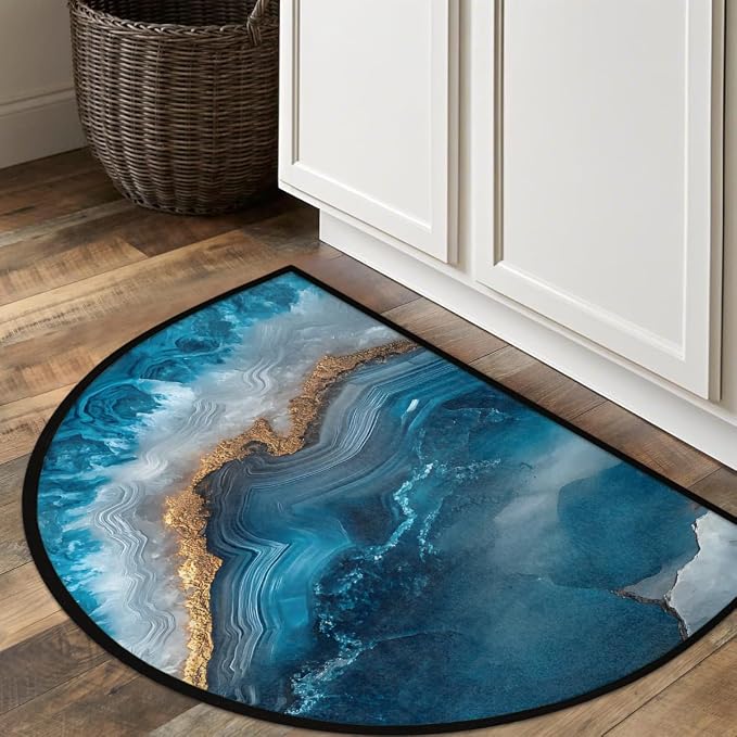 Modern Marble Blue Half Round Door Mat Half Moon Rug Washable Half Circle Area Rugs Indoor Entrance Non Slip Semi Circle Bathroom Rugs Floor Carpet for Kithen Bedroom Fireplace Decor