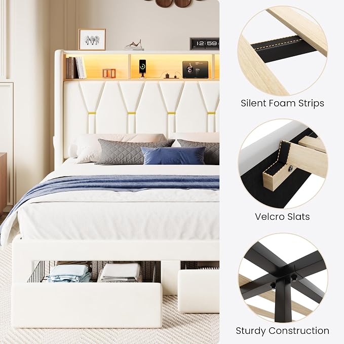 SHA CERLIN Full Velvet Platform Bed Frame with 2 Storage Drawers, LED Storage Headboard with Charging Station, Upholstered Wingback Headboard, Noise-Free, No Box Spring Needed, Easy Assembly, White