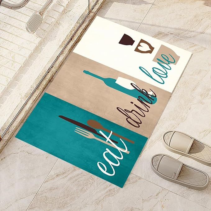 GUBIYU Teal Green Beige Area Rugs for Kitchen Dining Room Non Skid Washable Eat Drink Love Motto Design Rustic Rugs 23.6"x35.4"