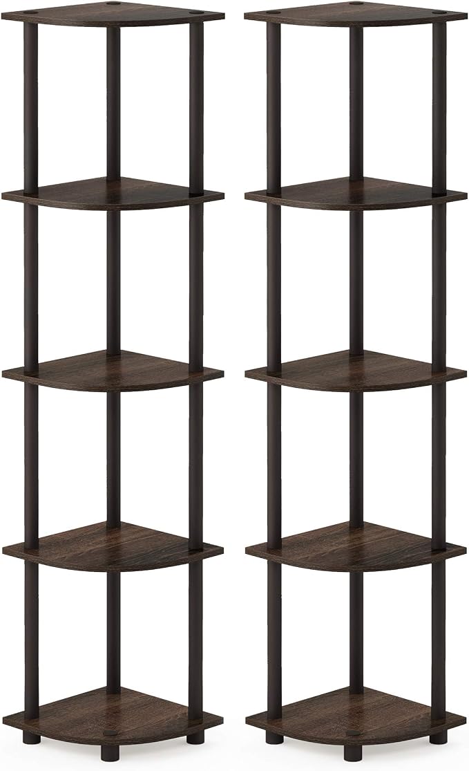 Furinno TURN-N-TUBE Corner Shelf Set of 2, 5-Tier Corner Bookshelf, Open Storage Shelves, for Organization and Storage, Living Room, Home Office, Garage, Walnut