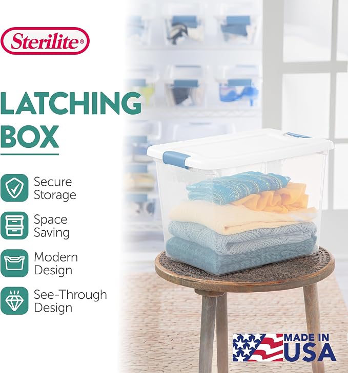 Sterilite 12-Pack Latching Box, Under Bed Storage Bins with Lids, Clear Plastic, 25 Quart - Heavy-Duty Organizing Containers for Closet, Bathroom, and Office | Heavy-Duty and Stackable Plastic Containers with Latches for Closet, Cabinet, Bedroom, Bathr...