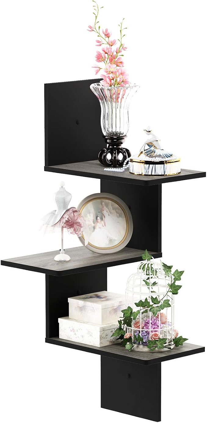 Furinno Rossi Wall Mounted Shelves 3-Tier Rectangle French Oak Grey/Black