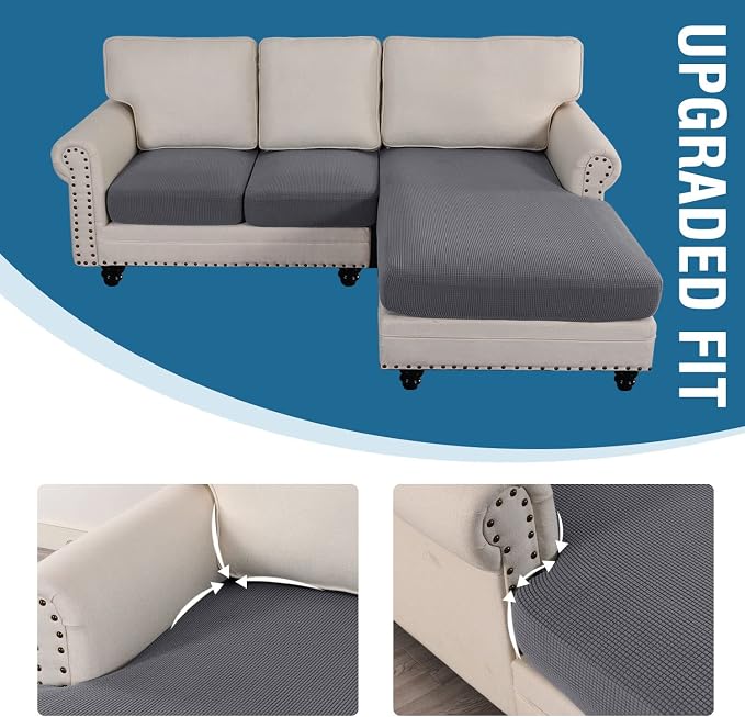 H.VERSAILTEX Sectional Couch Covers 3 Pieces Sofa Seat Cushion Covers L Shape Separate Cushion Couch Chaise Cover for Both Left/Right Sectional Couch (Seat Only: 1 Chaise + 2 Sofa, Grey)