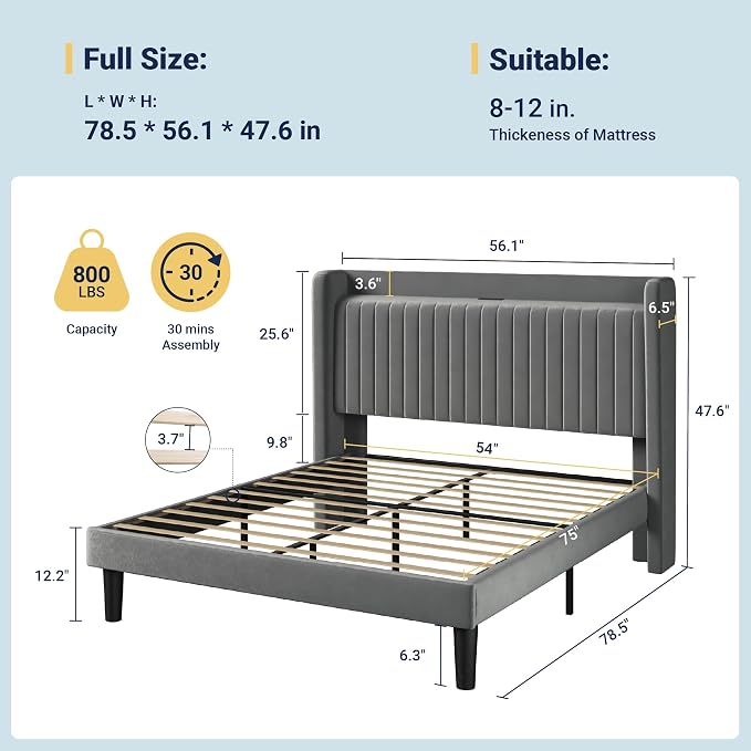 Allewie Full Size Platform Bed Frame with USB Charging Station and Storage Shelf/Upholstered Velvet Wingback Headboard/Wooden Slats Support/No Box Spring Needed/Easy Assembly, Grey