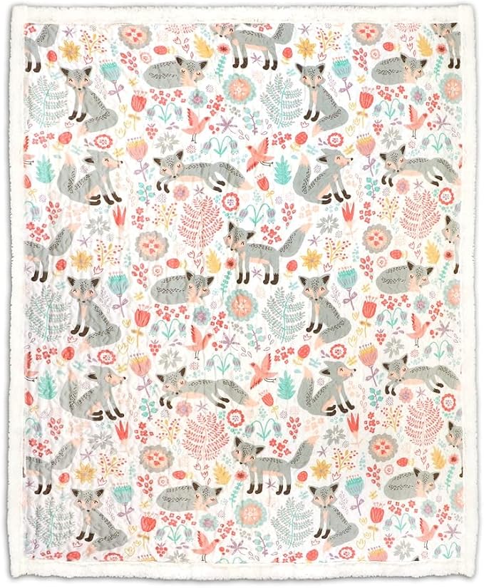 Lush Decor Pixie Fox Sherpa Throw Blanket 50”W x 60"L Gray & Pink - Sherpa Blankets - Toddler Blanket For Bed - Pink Girls Room Decor - Floral Throw