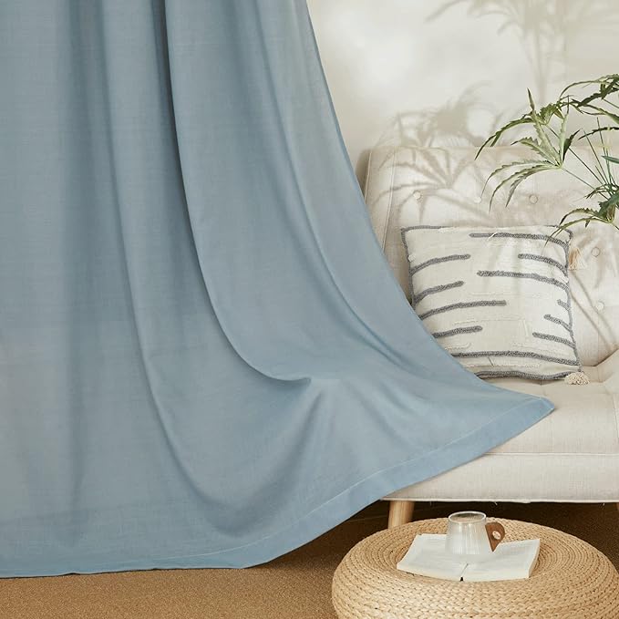 NICETOWN Thick Linen Blend Curtains Flax Textured for Bedroom, Rustic Grommet Semi Sheer Privacy Added Window Curtains & Drapes Light Filtering for Nursery, Stone Blue, W42 x L63, Set of 2