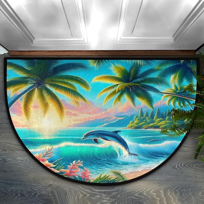 Dolphin Beach Palm Trees Half Round Mat Half Moon Door Rug Washable Durable Semi Circle Carpet Floor mats for Indoor Outdoor Bathroom Kitchen Patio Hearth Rug Laundry Room Home Decoration