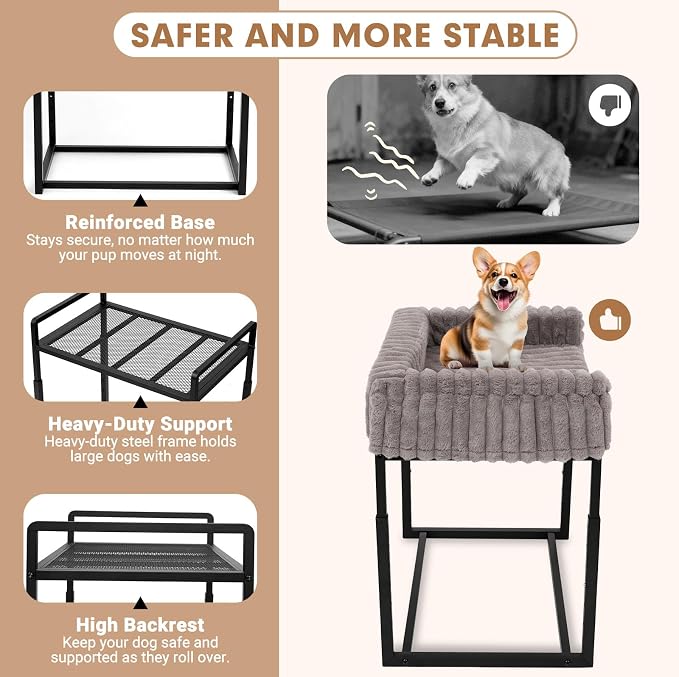 Beside Dog Bed, Adjustable Height Dog Bunk Beds, 27.5''x 18''Metal Dogs Bed Frame with Washable Removable Corduroy Cover, Memory Foam Pet Bed with Sides, for Small Dogs & Cats