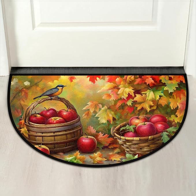 Half Round Door Mat Autumn Fall Apple Animal Half Moon Rug Washable Half Circle Area Rugs Indoor Entrance Non Slip Semi Circle Bathroom Rugs Floor Carpet for Kithen Bedroom Fireplace Decor