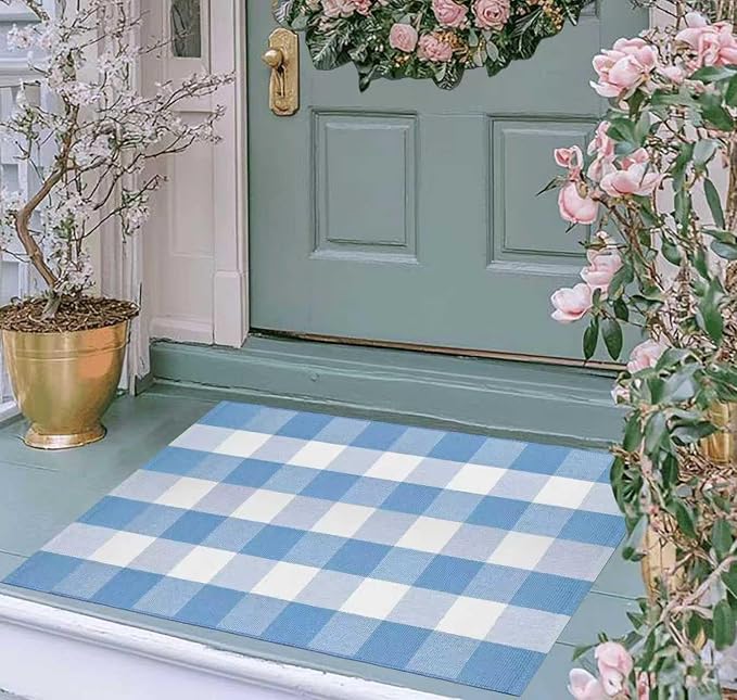 Buffalo Plaid Outdoor Rug 27.5''X 43.3' Light Blue White Checked Porch Rug Cotton Woven Washable Rug Layering Doormat for Welcome Door Mat Entryway Dining Room Bedroom Living Room
