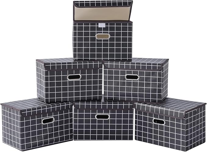 STOREONE Fabric Storage Cube Bins Foldable Organizer Container Collapsible Basket with Lids and Metal Handles, for Home, Bedroom, Closet 6 Pcs (Black grid)