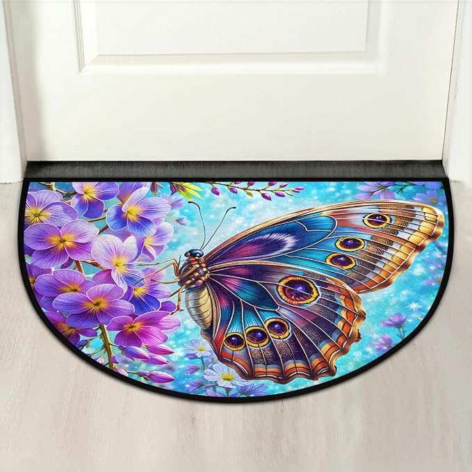 Colorful Butterfly Purple Flower Half Round Mat Half Moon Door Rug Washable Durable Semi Circle Carpet Floor mats for Indoor Outdoor Bathroom Kitchen Patio Hearth Rug Laundry Room Home Decoration