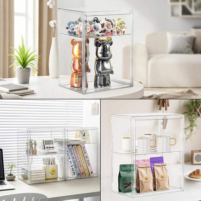 Attelite Acrylic Display Case for Collectibles 3 Adjustable Layers 2Pack | Easy Assembly, Clear Display for Figures,2 Tier Clear Storage Bin, Stackable Acrylic Box, Magnetic Door,Dustproof