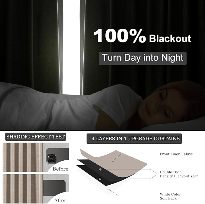 Topfinel Extra Long Custom 102 Inch Curtains, 100% Blackout Curtains Drapery for Bedroom, Winter Acoustic Noise Cancelling Pleated Heading Tape Hook Back Tab Burap Taupe Boho Drapes 2 Panel Set