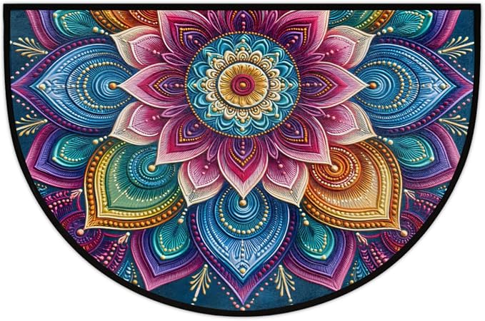 Flower Half Round Door Mat Semi Circle Rug Half Moon Doormat | Soft Washable Colorful Mandala Welcome Entrance Mat for Outdoor Indoor Floor Bedroom Bathroom Home Kitchen Festival Decor
