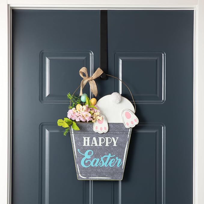 Glitzhome Easter Wooden Bucket Shaped Bunny Wall Hanging Art Sign Decor, 18"H