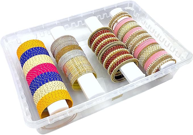 Multipurpose Plastic Storage Box with 4 Adjustable Rods l Storing Box For Bangles, Chuda, Kada, Watches, Scrunchies I (Transparent_Big_4-Rod)