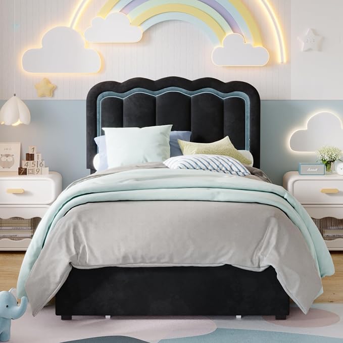 SHA CERLIN Twin Size Bed Frame with LED Lights and Storage Drawer, Black | Upholstered Velvet Platform Bed with Adjuatable Wavy Headboard, Noise-Free, Easy Assembly,No Box Spring Needed