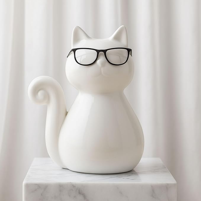 Ceramic Cat Figurine Sculpture – White Porcelain Stoneware Statue with Modern Glam Minimalist Design – Home Decor Accent for Bookshelf, Coffee Table, Bedroom, Office & Living Room – 8", White