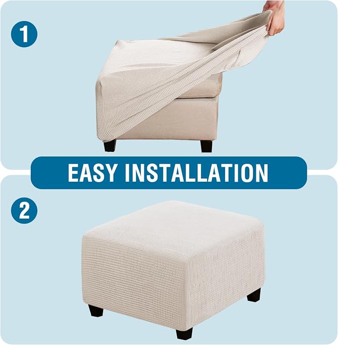 H.VERSAILTEX Square Ottoman Covers Ottoman Slipcovers Folding Storage Stool Furniture Protector Form Fit with Elastic Bottom, Stretch High Spandex Small Checks Jacquard Fabric(Medium,Ivory)