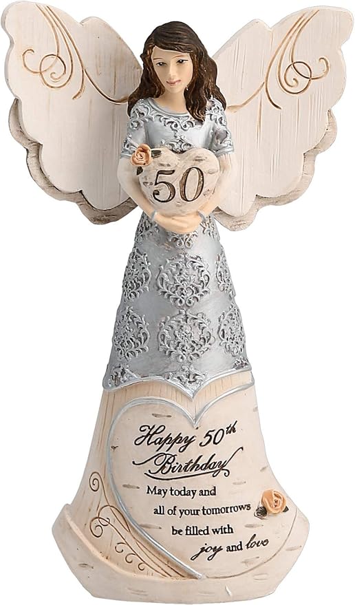 Pavilion - 50th Birthday - 6" Angel Holding 50th Heart,Beige/Silver