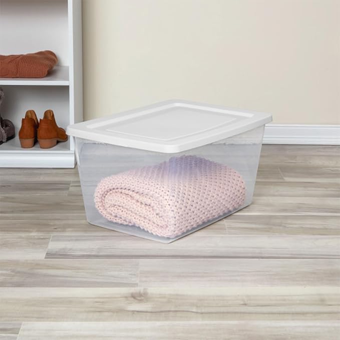 Sterilite Clear Storage Box Stackable Tote, 58 Quart, 16-Pack | Clear Plastic Container with Secure Snapping Lids for Home and Office Organization, White